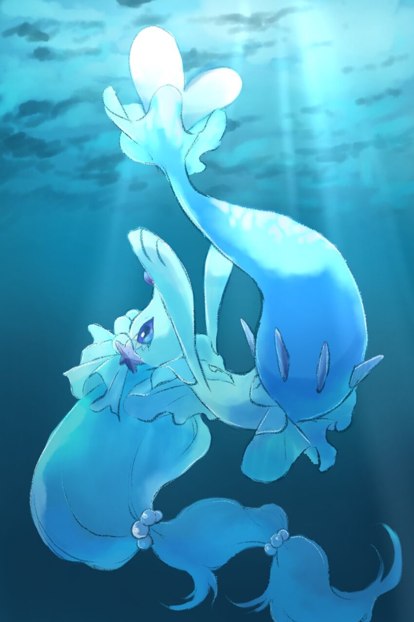 blue_eyes blue_hair commentary_request gem gen_7_pokemon highres long_hair nintendo no_humans pearl_(gemstone) pokemon pokemon_(creature) primarina sunlight swimming toneko underwater water