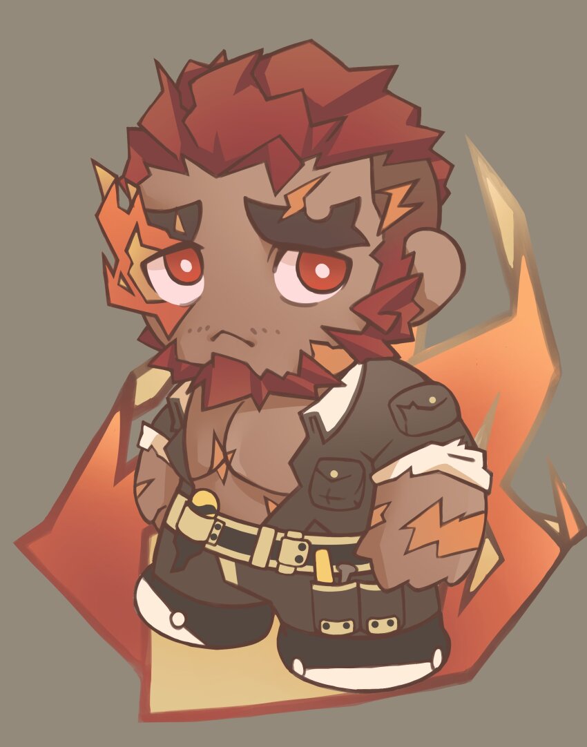 1boy absurdres bara beard chibi chibi_only dark-skinned_male dark_skin deformed eyebrow_cut facial_hair flaming_eye full_beard hephaestus_(housamo) highres huge_eyebrows large_pectorals looking_at_viewer male_focus mature_male mechanic muscular muscular_male mustache_stubble open_jumpsuit pectoral_cleavage pectorals sanpaku scar scar_on_chest solo standing stubble thick_beard tokyo_houkago_summoners wanineko2001
