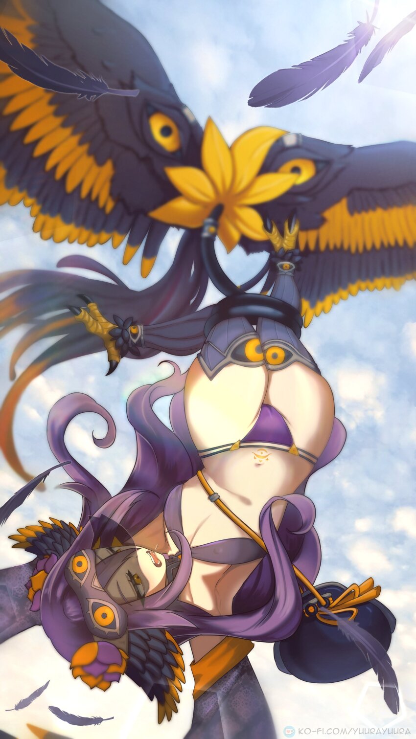 1girl absurdres bag bird_legs black_feathers black_thighhighs black_wings breasts commentary commission english_commentary feathered_wings feathers flying harpy head_wings highres long_hair medium_breasts monster_girl navel oneiroi_(apexhydra8) open_mouth original panties partially_feathered_tail purple_hair purple_panties purple_thighhighs satchel sleep_mask solo tail tail_around_own_leg tail_wrap talons thighhighs underwear upside-down veil winged_arms winged_tail wings yellow_eyes yuurayuura