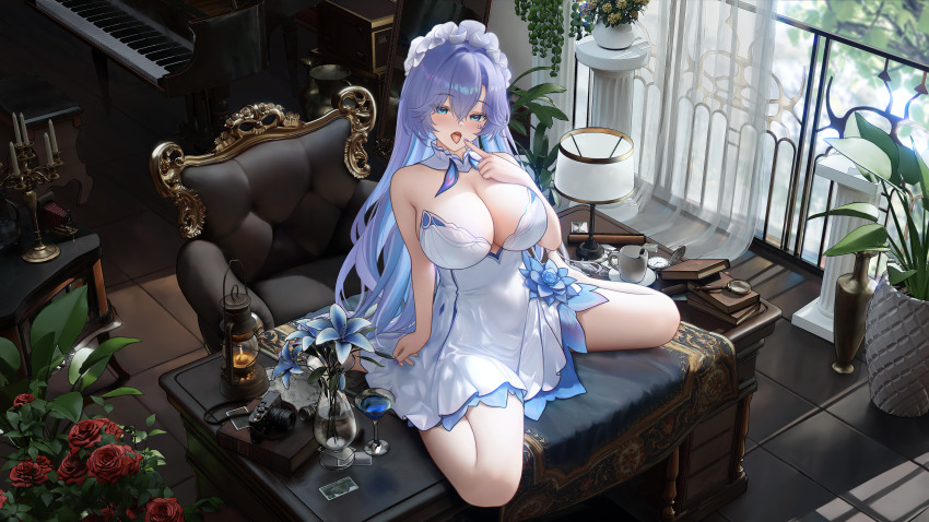 1girl absurdly_detailed_composition absurdres bare_shoulders blue_eyes blush book book_stack breasts camera candle candlestand cantarella_(wuthering_waves) chair cleavage commentary cup curtains desk detached_collar dress dress_flower drinking_glass english_commentary flower frilled_headwear full_body hair_between_eyes highres indoors instrument lamp large_breasts liht loaded_interior looking_at_viewer magnifying_glass on_desk on_table open_mouth piano plant potted_plant purple_hair red_flower red_rose rose sitting solo table tacet_mark_(wuthering_waves) thighs tile_floor tiles tongue tongue_out wariza white_dress wine_glass wuthering_waves