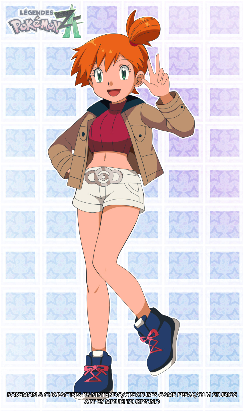 1girl :d absurdres asymmetrical_hair breasts brown_jacket buttons copyright_name cosplay creatures_(company) crop_top denim denim_shorts eyelashes full_body game_freak green_eyes gym_leader hair_tie hand_in_pocket hand_up highres jacket knees legs long_sleeves looking_at_viewer midriff misty_(pokemon) miyuki_tsukiyono navel nintendo open_clothes open_jacket open_mouth orange_hair pokemon pokemon_(anime) pokemon_(classic_anime) pokemon_rgby ponytail shirt shoes short_hair short_shorts shorts side_ponytail smile sneakers solo standing taunie_(pokemon)_(cosplay) tongue v w watermark white_shorts