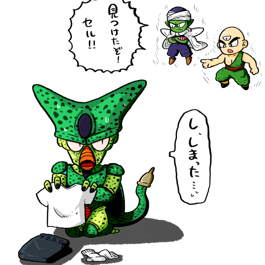 3boys absurdres bald black_pants cape cell_(dragon_ball) chibi chibi_only closed_mouth colored_skin commentary_request crossed_arms dougi dragon_ball dragonball_z folding_clothes frown full_body green_skin highres holding holding_shirt holding_unworn_clothes looking_at_another male_focus monster_boy muimui_(4242564muimui) multiple_boys open_mouth pants piccolo pointing pointing_at_another pointy_ears red_sash sash seiza shirt simple_background sitting socks tenshinhan third_eye translation_request unworn_pants unworn_shirt unworn_socks white_background white_cape white_shirt white_socks