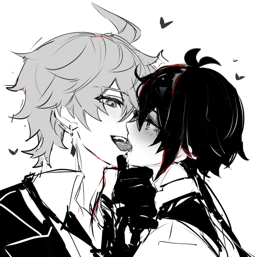 2boys blush french_kiss genshin_impact grabbing_another&#039;s_chin greyscale hamtaru542899 hand_on_another&#039;s_chin highres kiss monochrome mors_gn multiple_boys smirk tartaglia_(genshin_impact) tongue tongue_out twitter white_background yaoi zhongli_(genshin_impact)