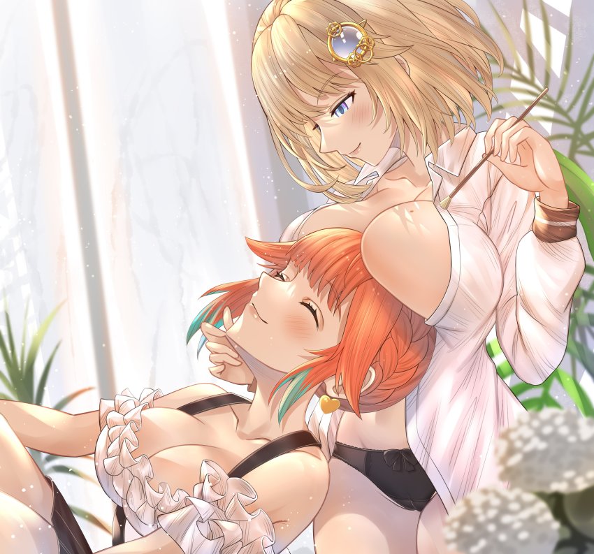 2girls absurdres black_bow black_panties blonde_hair blue_eyes blush bow bow_panties braid breast_rest breasts breasts_on_head brush cameltoe cleavage closed_eyes collarbone dress earrings frilled_dress frills gradient_hair green_hair hair_ornament hand_on_another&#039;s_chin heart heart_earrings highres holding holding_brush hololive hololive_english honkivampy jewelry large_breasts long_sleeves looking_at_another looking_down medium_hair mole mole_on_breast multicolored_hair multiple_girls open_clothes open_shirt orange_hair panties shirt smile takanashi_kiara underwear virtual_youtuber watson_amelia white_shirt yuri