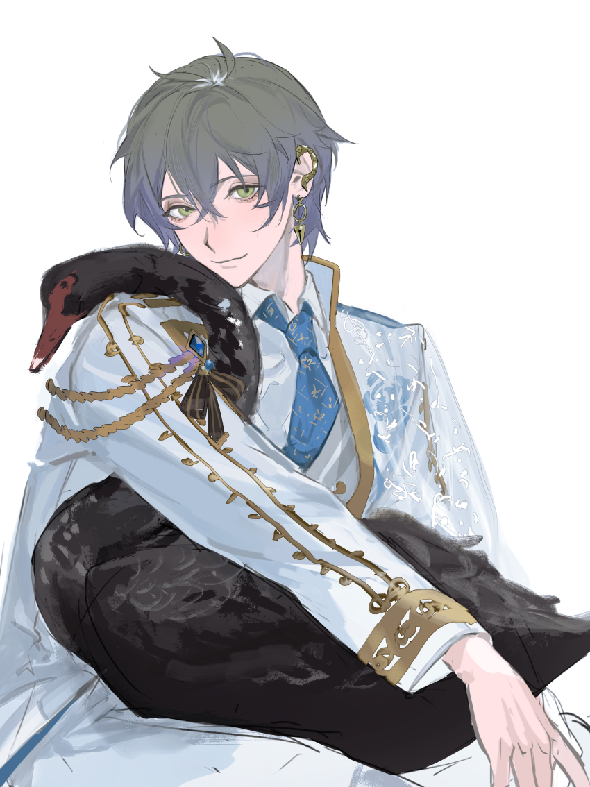1boy absurdres aiguillette animal bird black_swan_(bird) blue_gemstone blue_hair blue_necktie brown_hair closed_mouth coat collared_shirt commentary dress_shirt ear_covers earrings embroidery gem gold_trim gradient_hair green_eyes highres holding holding_animal holding_bird ike_eveland jewelry long_sleeves looking_to_the_side male_focus multicolored_hair necktie nijisanji nijisanji_en piercing popped_collar shirt sideways_glance sis0nek smile swan virtual_youtuber white_coat white_shirt wing_collar