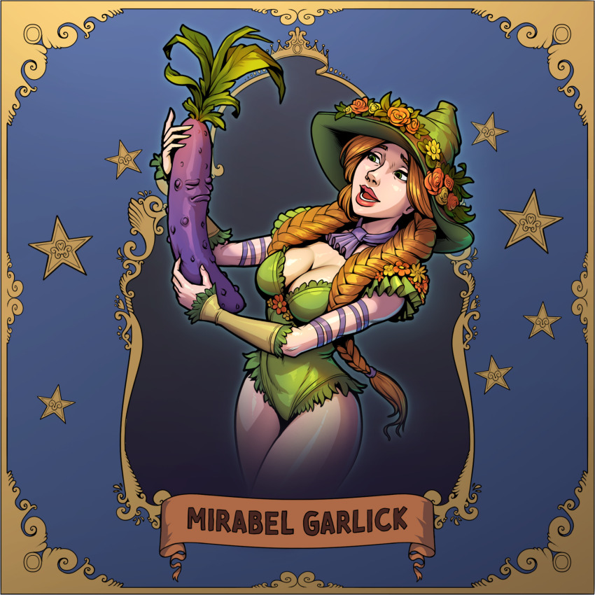 1girl braid braided_twintails breasts character_name cleavage eggplant flower food food_dildo green_eyes green_hat green_leotard hat hat_flower highres hogwarts_legacy holding holding_food large_breasts leotard long_hair mirabel_garlick orange_flower orange_hair orange_rose phallic_symbol rose solo valerii_siserg witch_hat wizarding_world