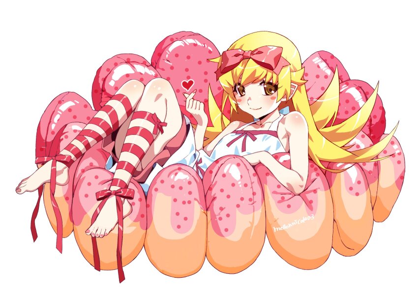 1girl apple_tea_(mellonnicola) artist_name bare_shoulders barefoot blonde_hair bow closed_mouth collarbone commentary_request donut dress finger_heart flat_chest flipped_hair food full_body hair_bow highres in_food leg_ribbon long_hair monogatari_(series) oshino_shinobu pointy_ears red_bow red_ribbon ribbon simple_background sleeveless sleeveless_dress smile solo sundress white_background white_dress yellow_eyes