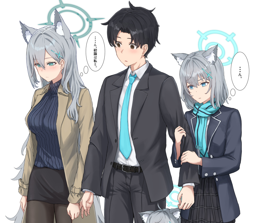 1boy 3girls ahoge aisumegane animal_ears black_hair black_pants black_skirt black_suit blue_archive blue_eyes blue_halo blue_necktie blue_scarf blush breasts brown_coat coat empty_eyes finger_grab formal_clothes grabbing_another&#039;s_arm grey_hair hair_between_eyes hair_ornament hairclip halo heterochromia highres jealous large_breasts long_hair looking_down multiple_girls necktie pants pantyhose scarf sensei_(blue_archive) sensei_(blue_archive_the_animation) shiroko_(blue_archive) shiroko_(young)_(blue_archive) shiroko_terror_(blue_archive) shirt short_hair skirt suit translation_request very_long_hair white_shirt wolf_ears