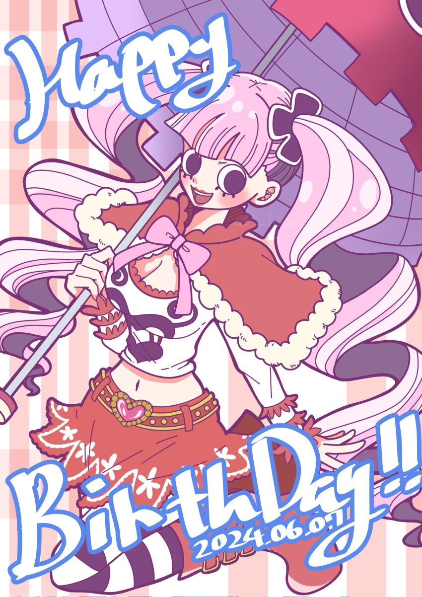 1girl blunt_bangs blush boots capelet commentary crop_top dated drill_hair full_body hair_tie happy_birthday hi_ina highres holding holding_umbrella one_piece open_mouth pantyhose perona pink_hair pink_umbrella red_boots red_capelet red_skirt skirt smile solo striped_background striped_clothes striped_pantyhose twin_drills twintails umbrella vertical-striped_background