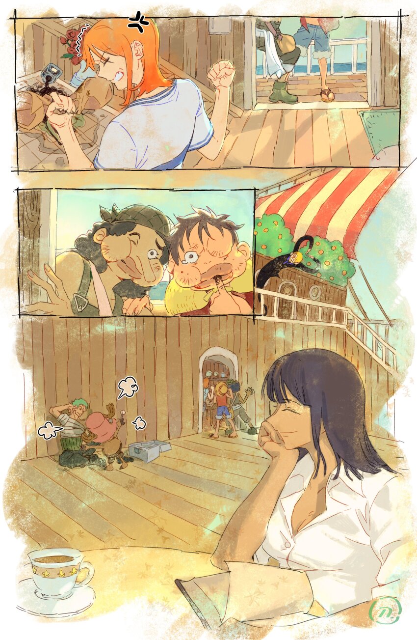 2girls 5boys ^_^ absurdres anger_vein antlers black_hair blonde_hair blue_shorts blunt_bangs bruise bruise_on_face clenched_hand closed_eyes collared_shirt cup green_hair haramaki hashtag-only_commentary hat highres horns injury long_nose monkey_d._luffy multiple_boys multiple_girls nami_(one_piece) nami_(one_piece)_(east_blue) nico_robin_(alabasta) one_piece orange_hair overalls pink_hat puff_of_air reindeer_antlers roronoa_zoro sandals sanji_(one_piece) shirt short_hair shorts sidelocks siyangou49 smile straw_hat straw_hat_pirates striped_clothes striped_shirt tony_tony_chopper two-tone_shirt usopp white_shirt