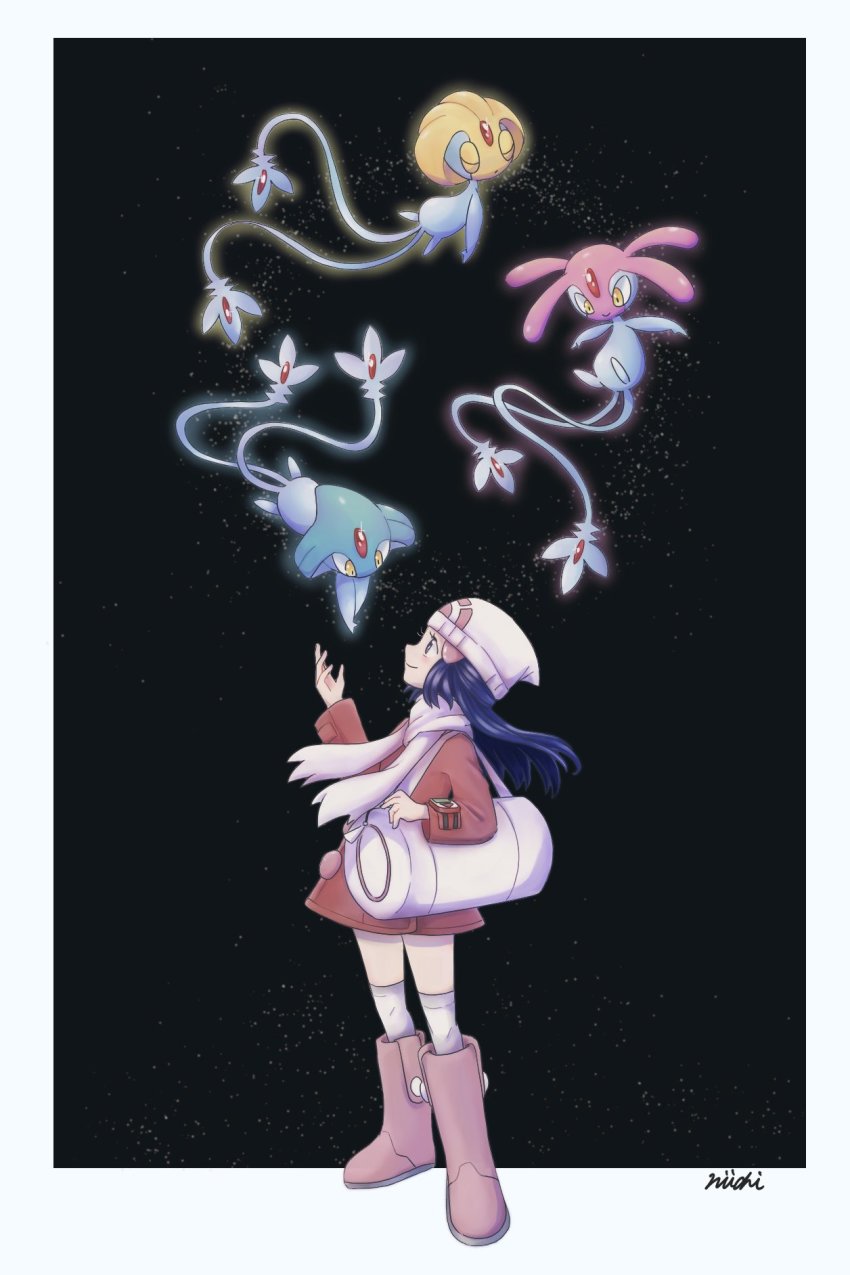 1girl azelf bag beanie boots border buttons closed_mouth coat commentary_request dawn_(pokemon) duffel_bag gen_4_pokemon hair_ornament hairclip hat highres legendary_pokemon long_hair long_sleeves looking_up mesprit niiichi_21pk nintendo pink_boots pokemon pokemon_(creature) pokemon_dppt pokemon_platinum red_coat scarf signature smile standing uxie white_bag white_border white_headwear white_scarf
