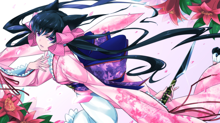 1girl animal_ears black_hair female_focus flower highres japanese_clothes kimono knife long_hair nana_g otome_youkai_zakuro petals purple_eyes solo twintails zakuro zakuro_(otome_youkai_zakuro)