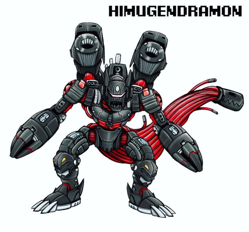 cannon digimon dragon hiandromon highres mugendramon sharp_teeth simple_background tail teeth white_background