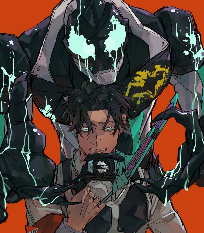 1boy 2021 20s adk-em armband armor bad_id bad_twitter_id bandai bandai_namco bat_genome bbbb_fex black_armor demon demon_boy dual_persona evilblade fenix_uniform fingernails glowing glowing_eyes henshin highres holding holding_weapon igarashi_daiji ishimori_prod kagerou_(kamen_rider_revice) kamen_rider kamen_rider_evil kamen_rider_revice long_fingers male_focus open_mouth possessed red_background sharp_fingernails splatter splatter_print toei_company tokusatsu tv_asahi twitter vistamp weapon