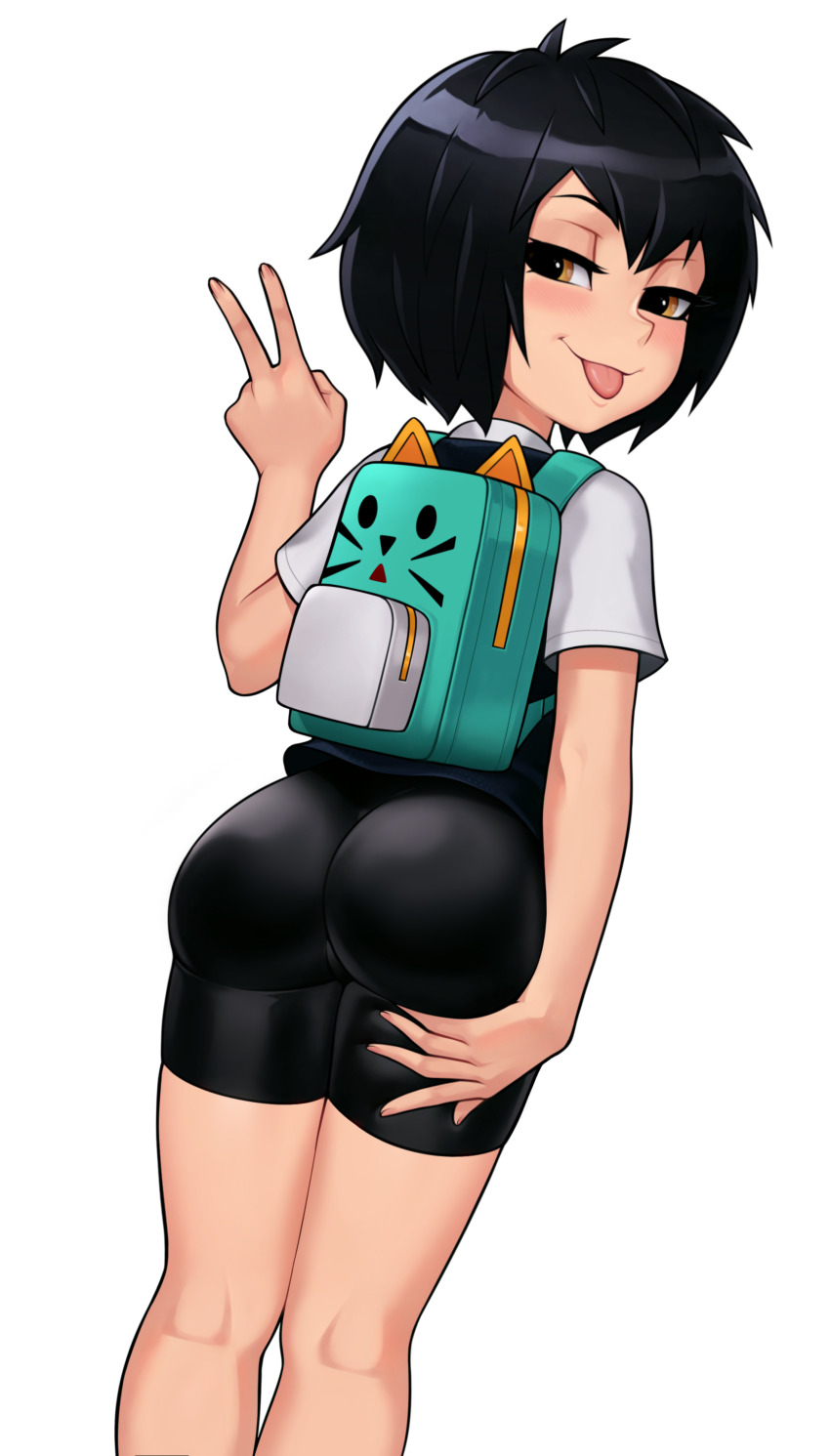 1girl 2023 absurdres ahoge ass ass_focus backpack bag bike_shorts black_hair black_vest blush brown_eyes commission commissioner_upload eyebrows eyelashes feet_out_of_frame female_focus fingernails from_behind grabbing_own_ass hair_between_eyes highres loodncrood looking_back marvel peni_parker shirt short_hair smile smug solo spider-man:_into_the_spider-verse spider-man_(series) spider-verse thighs tongue tongue_out v vest white_shirt