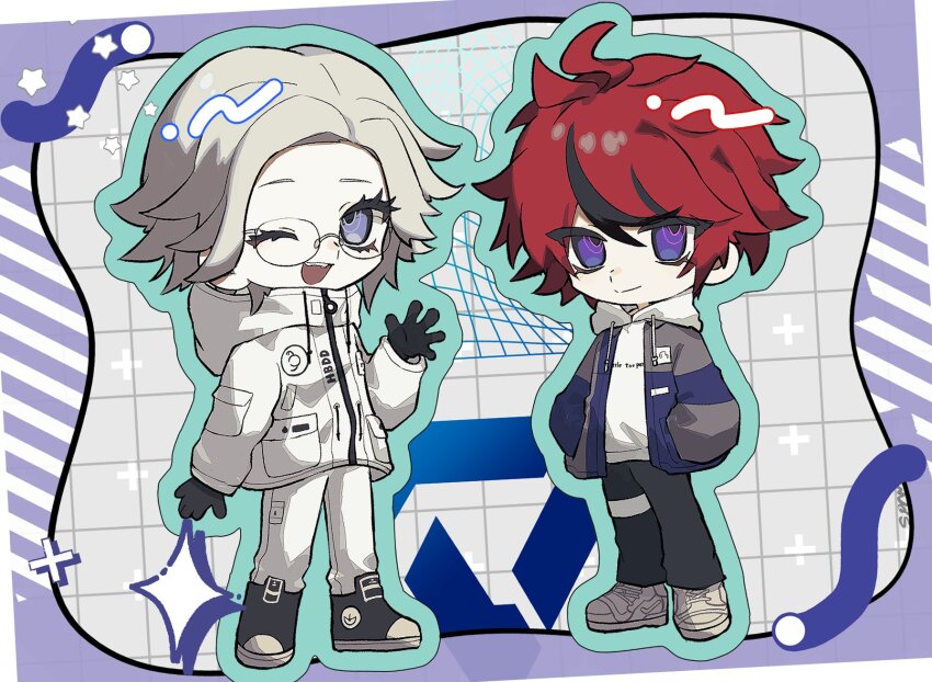 2boys ahoge aotsuki_eito black_gloves black_pants black_shoes blue_background blue_eyes blue_outline border chibi chibi_only closed_mouth eyelashes full_body gloves hair_between_eyes hand_up hands_in_pockets highres hood hoodie jacket long_sleeves looking_at_viewer male_focus messy_hair multicolored_eyes multicolored_hair multicolored_shoes multiple_boys one_eye_closed open_mouth outline pants parted_hair purple_background purple_eyes red_eyes red_hair shoes simple_background smile standing streaked_hair sumino_takumi teeth the_hundred_line_-last_defense_academy- upper_teeth_only white_background white_border white_hair white_hoodie white_jacket white_pants white_shoes wink zipper zipper_pull_tab