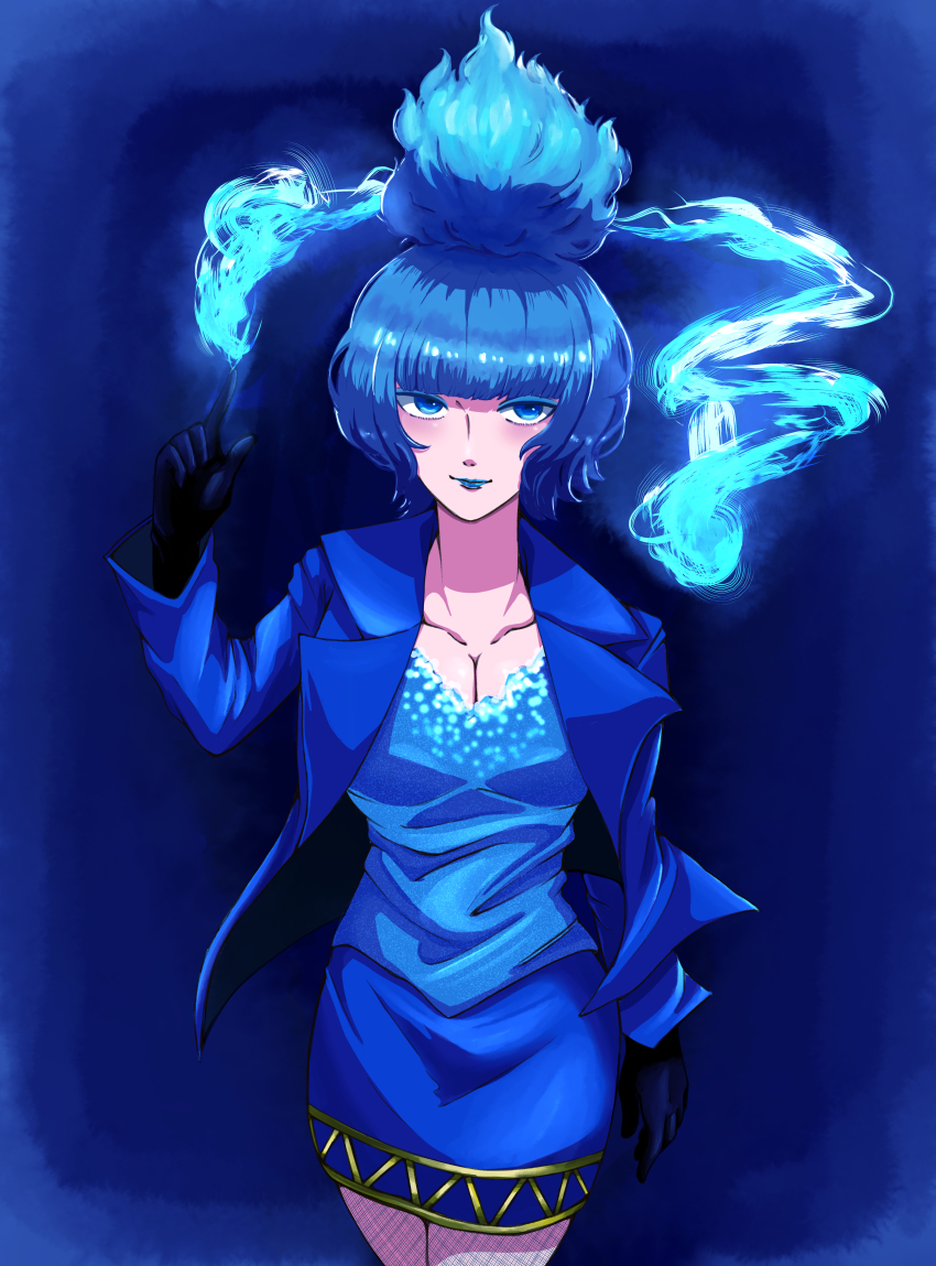 1girl absurdres ancient_greek_clothes animification black_gloves blue_fire blue_hair blue_lips closed_mouth disneyland fiery_hair fire formal_clothes gloves greco-roman_clothes hercules_(1997_film) highres himation lipstick long_sleeves looking_at_viewer makeup ms._hades short_hair smile solo suit user_tjht7425
