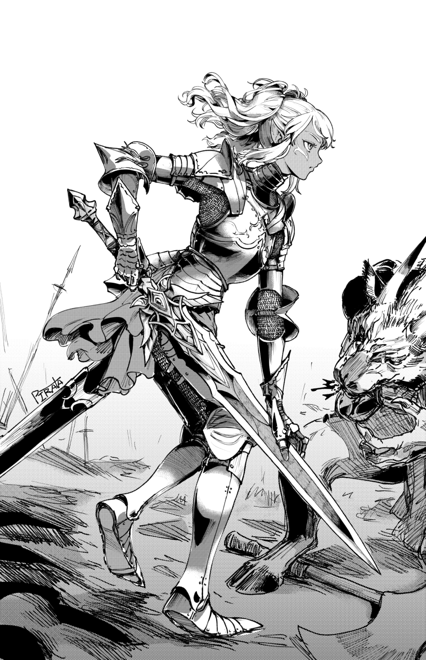 1girl armor battlefield chainmail couter cuirass cuisses dark-skinned_female dark_skin elf faulds gauntlets greaves highres holding holding_sword holding_weapon knight monochrome monster original pauldrons pirata_(gailtonatiu) planted planted_sword planted_weapon plate_armor pointy_ears poleyn rerebrace sabaton sheath shoulder_armor signature sword twintails unsheathed weapon