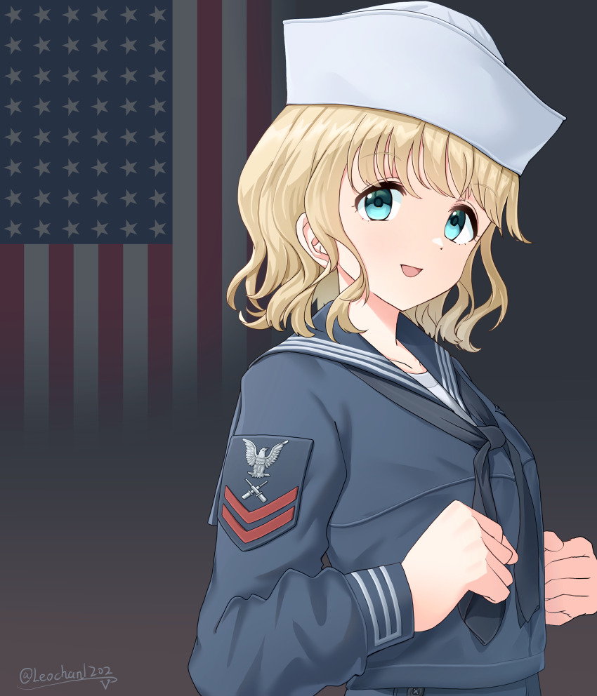 1girl absurdres american_flag american_flag_background artist_name black_neckerchief blonde_hair blue_eyes blue_jacket blue_sailor_collar commentary dixie_cup_hat flag_background hat highres historical_american_flag jacket leochan1202 looking_at_viewer military military_hat military_rank_insignia military_uniform naval_uniform naval_working_uniform neckerchief open_mouth original sailor sailor_collar short_hair smile solo united_states_navy upper_body white_hat world_war_ii