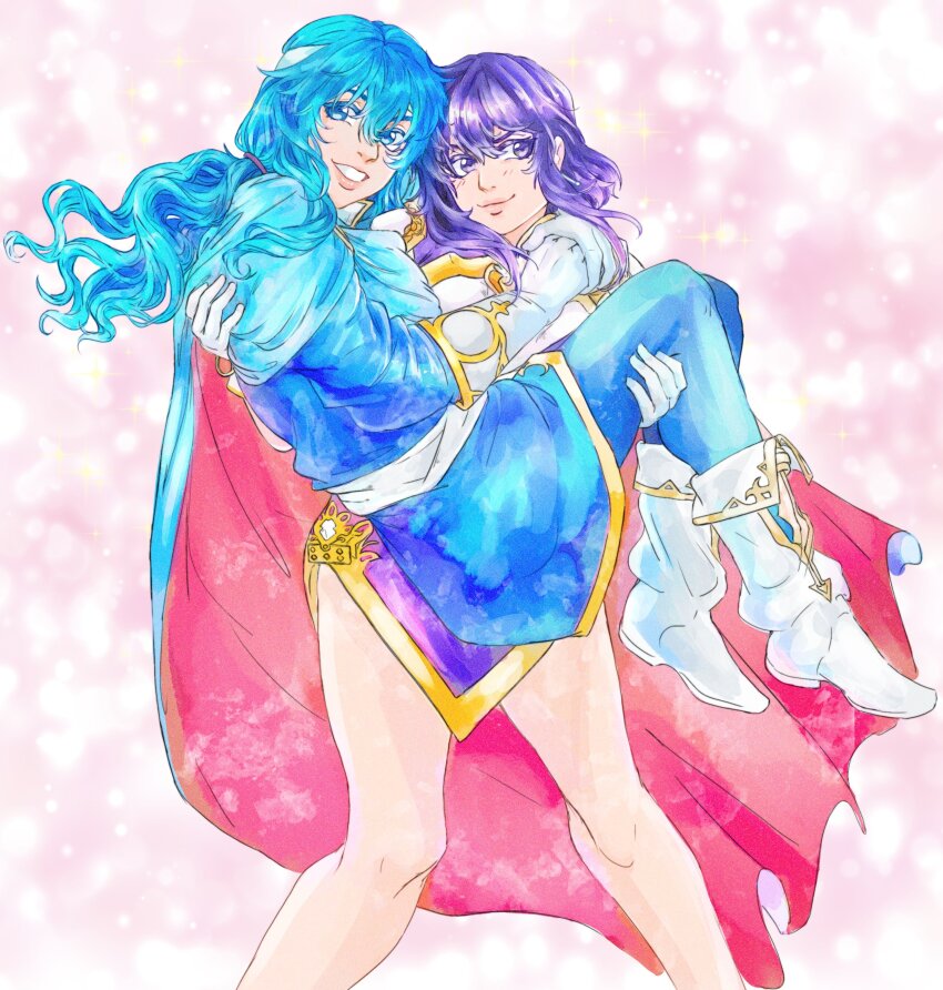 1boy 1girl absurdres arms_around_neck assertive_female bare_legs blue_cape blue_hair cape carrying carrying_person fire_emblem fire_emblem:_genealogy_of_the_holy_war headband highres larcei_(fire_emblem) nintendo open_mouth ponytail princess_carry purple_eyes purple_hair reverse_princess_carry role_reversal seliph_(fire_emblem) simple_background smug tiametta tomboy white_headband