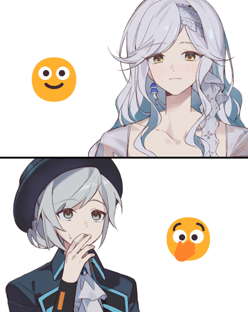 2girls absurdres ascot black_coat black_hat boater_hat coat covering_own_mouth eternity_(reverse:1999) grey_eyes grey_hair hair_bun hand_over_own_mouth hand_up hat highres jellyfish_earrings long_hair looking_at_viewer multiple_girls quanx70909457 reverse:1999 shirt single_side_bun smile smile_emoji sweat upper_body vertin_(reverse:1999) white_ascot white_background white_shirt yellow_eyes