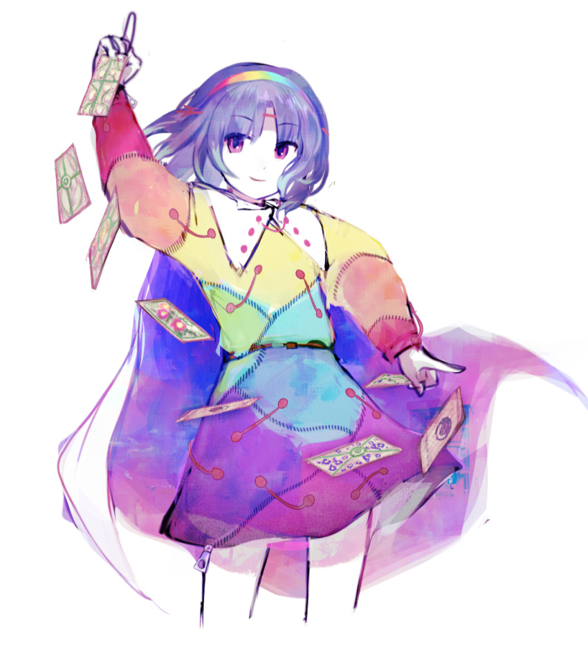 1other androgynous arm_up blue_cape blunt_bangs brown_headband cape closed_mouth cosplay cropped_legs dot_nose dress euthan eye_of_senri floating_card floating_clothes floating_hair hairband happy headband len&#039;en long_sleeves multicolored_dress multicolored_hairband nail_polish other_focus parted_bangs patchwork_clothes pointing pointing_up puffy_long_sleeves puffy_sleeves purple_eyes purple_hair purple_nails rainbow_gradient rainbow_hairband senri_haiji short_dress short_hair simple_background smile solo spell_card standing starry_sky_print tenkyuu_chimata tenkyuu_chimata_(cosplay) thighs touhou two-sided_cape two-sided_fabric white_background white_cape