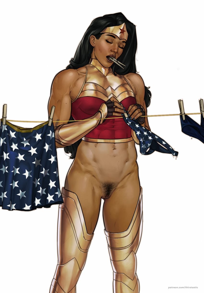 1girl absurdres black_hair bottomless circlet closed_eyes clothes_pin clothesline dc_comics dima_ivanov female_pubic_hair highres long_hair mouth_hold panties patreon_username pubic_hair pussy skirt solo underwear unworn_panties unworn_skirt white_background wonder_woman wonder_woman_(series)