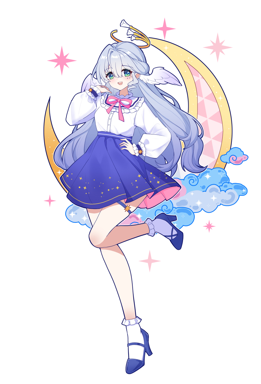 1girl absurdres alternate_costume blue_footwear collar collared_shirt ff2074 frilled_collar frills full_body hair_between_eyes head_wings highres honkai:_star_rail honkai_(series) long_hair long_sleeves looking_at_viewer open_mouth pink_ribbon pink_skirt purple_skirt ribbon robin_(honkai:_star_rail) shirt simple_background skirt smile socks solo standing standing_on_one_leg teeth two-tone_skirt upper_teeth_only white_background white_shirt white_socks white_wings wings