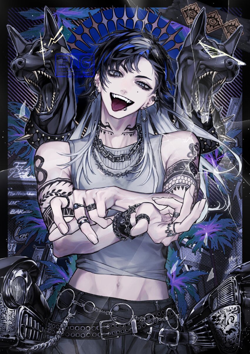 1boy absurdres asymmetrical_bangs bare_shoulders belt black_belt black_collar black_hair blue_hair chain collar cowboy_shot crack cracked_glass crossed_wrists dog ear_piercing earrings fingernails hands_up head_tilt highres hoop_earrings jewelry lip_piercing long_hair looking_at_viewer male_focus mole mole_on_cheek multicolored_hair multiple_piercings multiple_rings navel neck_tattoo oki_charcoal one_eye_narrowed open_mouth original piercing raised_eyebrow ring ringed_eyes shirt sleeveless sleeveless_shirt solo streaked_hair studded_collar tattoo teeth toned toned_male tongue tongue_out upper_teeth_only white_eyes white_hair white_shirt wind wristband