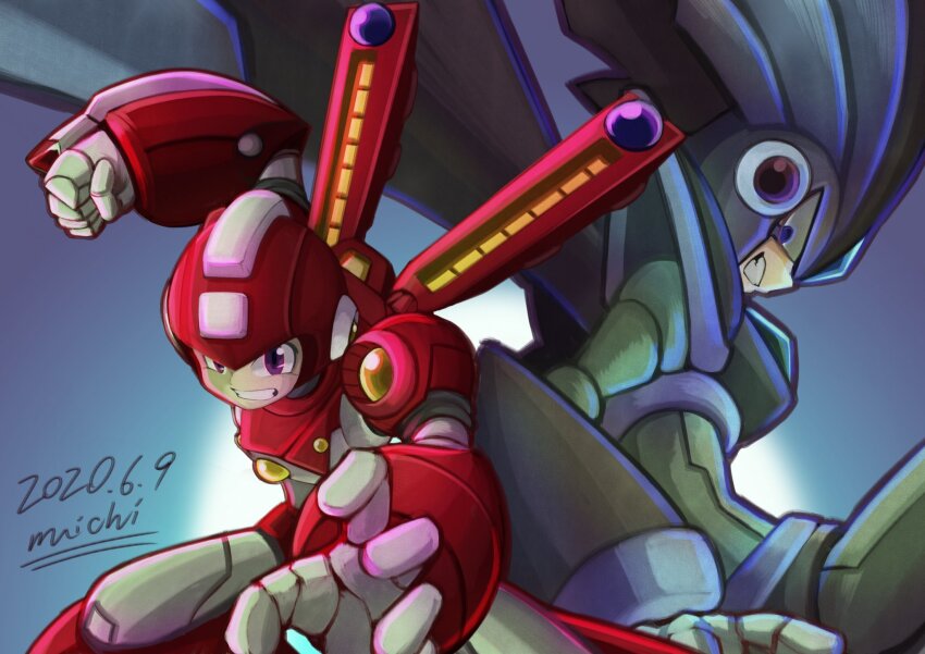 agetatekoron2 armor artist_name bass_(mega_man) black_armor black_helmet blue_eyes brown_eyes clenched_hand clenched_teeth commentary_request dated forehead_jewel helmet highres looking_at_another male_focus mechanical_wings mega_man_(character) mega_man_(classic) mega_man_(series) mega_man_day red_armor red_helmet signature smirk super_bass_(mega_man) super_mega_man_(mega_man) teeth trait_connection wings
