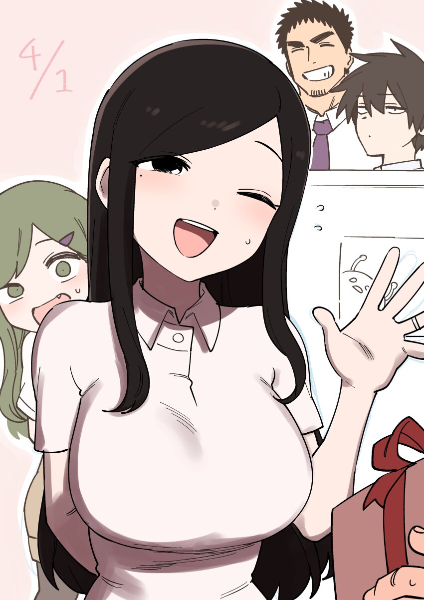 2boys 2girls absurdres black_eyes black_hair breasts closed_eyes collared_shirt commentary_request fang flying_sweatdrops gift green_eyes green_hair grin hand_up highres holding holding_gift igarashi_futaba kazama_souta large_breasts long_hair multiple_boys multiple_girls necktie one_eye_closed open_mouth purple_necktie sakurai_touko senpai_ga_uzai_kouhai_no_hanashi shiromanta shiromanta_(character) shirt smile solo_focus takeda_harumi teeth upper_body upper_teeth_only