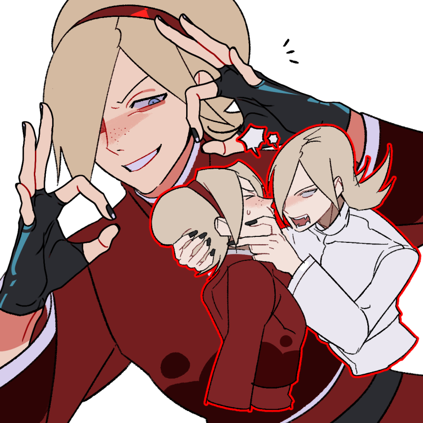 &gt;_&lt; 2boys ancestor_and_descendant angry arms_up ash_crimson asymmetrical_bangs belt_buckle black_nails blonde_hair blue_eyes buckle cheek_pinching collared_jacket commentary cropped_torso fangs fingerless_gloves freckles gloves grin hair_over_one_eye hand_on_another&#039;s_face hand_on_another&#039;s_head headband hexermer highres jacket long_hair long_sleeves male_focus multiple_boys multiple_views nail_polish no_pupils notched_speech_bubble notice_lines ok_sign one_eye_covered open_mouth pants patterned_clothing pinching red_headband saiki_(kof) shouting simple_background smile speech_bubble sweat sweatdrop symbol-only_commentary teeth the_king_of_fighters the_king_of_fighters_xiii white_background white_jacket white_trim