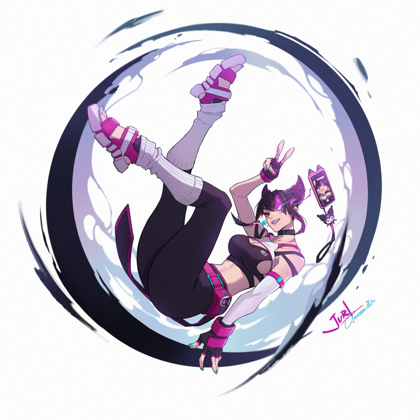 1girl alternate_costume artist_request ass asymmetrical_sleeves belt black_hair black_smoke breasts cellphone curvy detached_sleeves feet fingerless_gloves full_body gloves glowing glowing_eye han_juri highres large_breasts leg_warmers leggings lips one_eye_covered phone shoes smile smoke sneakers sportswear street_fighter street_fighter_6 teeth v white_background