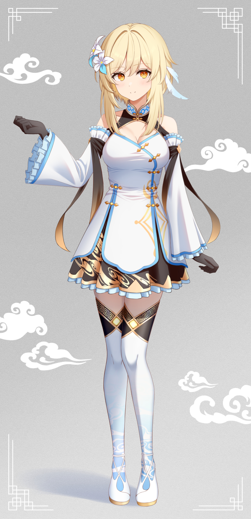 1girl absurdres alternate_costume black_gloves blonde_hair blue_thighhighs blue_trim breasts cleavage closed_mouth commentary_request de-zeru detached_sleeves dress feather_hair_ornament feathers flower frilled_sleeves frills genshin_impact gloves gold_trim grey_background hair_flower hair_ornament highres long_hair looking_at_viewer lumine_(genshin_impact) multicolored_thighhighs orange_eyes shadow shoes smile split_mouth thighhighs white_dress white_flower white_shoes white_thighhighs