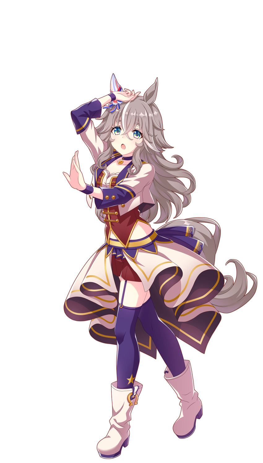 1girl alternate_costume animal_ears arms_up blue_eyes breasts collarbone ear_covers full_body grey_hair hair_ornament hand_on_own_face highres horse_ears horse_girl horse_tail looking_at_viewer midriff multicolored_hair navel official_art open_mouth simple_background single_ear_cover solo standing starting_future_(umamusume) tail thick_eyebrows thighhighs thighs transparent_background umamusume white_footwear wonder_acute_(umamusume)