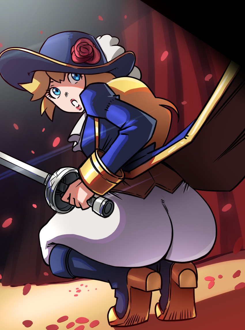 1girl absurdres ass ass_focus blonde_hair blue_eyes boots breasts coat flower from_behind hat highres huge_ass long_hair looking_at_viewer looking_back mario_(series) medium_breasts mosbles nintendo pants petals ponytail princess_peach princess_peach:_showtime! rose rose_petals sideboob solo squatting sword swordfighter_peach weapon