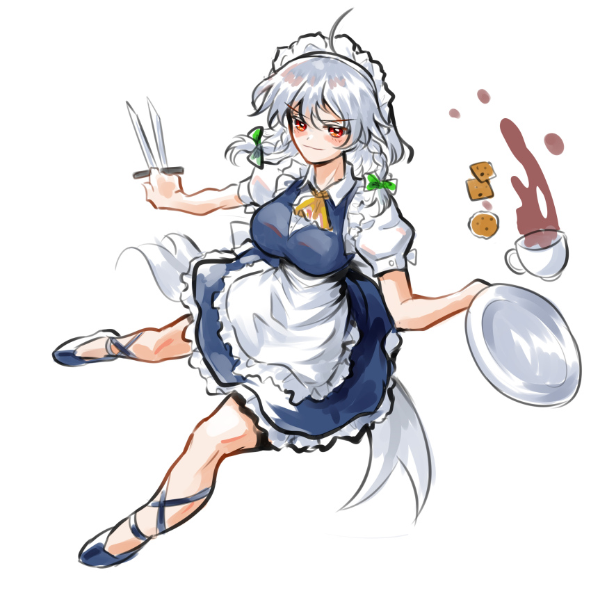 1girl absurdres apron ascot between_fingers blue_high_heels braid coffee cookie edz_drawz food grey_hair highres holding holding_knife izayoi_sakuya knife knives_between_fingers maid maid_headdress red_eyes smile solo touhou tray twin_braids waist_apron yellow_ascot