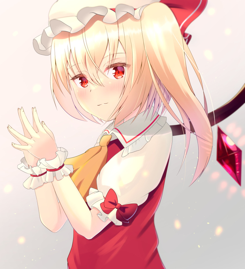 1girl ascot blonde_hair blush closed_mouth collared_shirt crystal flandre_scarlet frilled_shirt_collar frilled_sleeves frills from_side hair_between_eyes hat hat_ribbon highres long_hair looking_at_viewer looking_to_the_side mob_cap one_side_up own_hands_together puffy_short_sleeves puffy_sleeves red_eyes red_ribbon red_vest ribbon shirt short_sleeves simple_background solo steepled_fingers tako-san_wiener_(takosanuma) touhou upper_body vest white_background white_hat white_shirt wings wrist_cuffs yellow_ascot