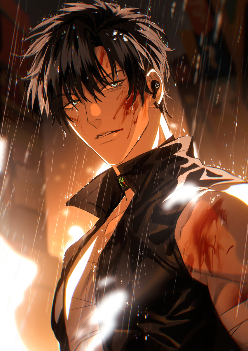 1boy absurdres bandages black_hair blood blood_on_face earrings highres jewelry light_and_night_love looking_at_viewer male_focus muscular muscular_male parted_lips pectorals rain shirt short_hair sleeveless solo teeth upper_body xiao_yi_(light_and_night_love) zhuowang233
