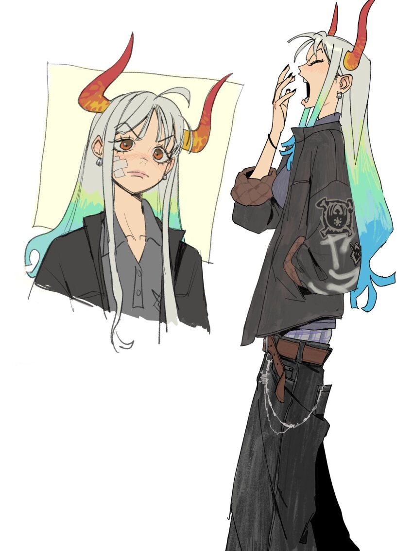 1girl alternate_costume aqua_hair black_nails blue_hair breasts commentary contemporary cowboy_shot earrings edpan english_commentary gradient_hair hand_in_pocket highres horns jacket jewelry long_hair medium_breasts multicolored_hair one_piece orange_horns simple_background solo white_background white_hair yamato_(one_piece) yawning