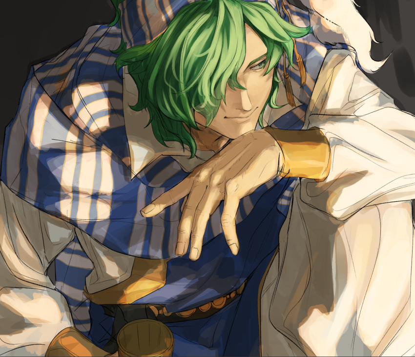 1boy commentary cup fire_emblem fire_emblem:_genealogy_of_the_holy_war green_eyes green_hair hair_over_one_eye highres holding holding_cup lewyn_(fire_emblem) male_focus nintendo scarf sitting solo striped_clothes striped_scarf sutekina_yari vertical-striped_clothes vertical-striped_scarf
