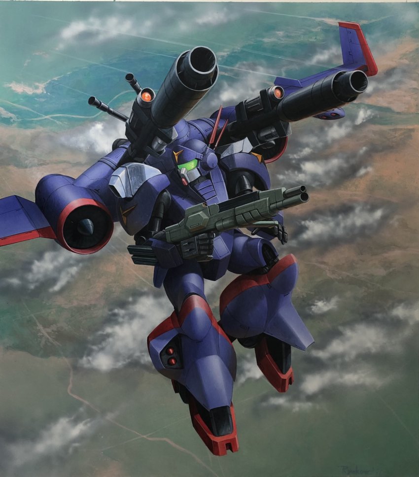 cloud d-2 flying gun highres holding holding_gun holding_weapon kikou_senki_dragonar looking_to_the_side mecha mechanical_wings no_humans official_alternate_costume open_hand robot ryukow_masseau science_fiction shoulder_cannon solo visor weapon wings