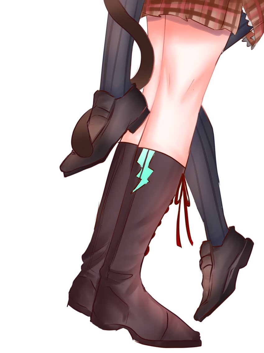 2girls asakura_karen_(heaven_burns_red) boots heaven_burns_red highres leg_between_thighs leg_focus loafers multiple_girls pantyhose shoes skirt striped_clothes striped_pantyhose tail tail_around_another&#039;s_leg tail_wrap toujou_tsukasa tskrn vertical-striped_clothes vertical-striped_pantyhose white_background yuri