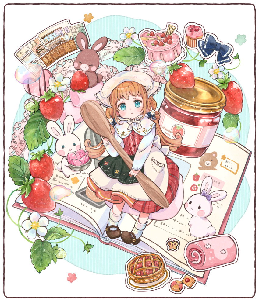 1girl :&lt; :d :o apron aqua_background aqua_eyes back_bow black_bow blush blush_stickers book border bow brown_hair brown_shoes bubble bug butterfly buttons cake closed_eyes commentary_request cookbook cookie cupcake dress eating eyelashes floral_print flower flower_symbol food frills fruit green_apron hacosumi hair_bow hair_flower hair_ornament hand_up headscarf highres holding holding_spoon insect jam jar kitchen leaf long_hair long_sleeves looking_at_viewer low_twintails mary_janes open_book open_mouth original parted_lips pie plaid_clothes plaid_dress plant purple_bow rabbit red_dress shoes sidelocks simple_background smile socks solo spoon strawberry strawberry_blossoms swiss_roll thumbprint_cookie tied_ears twintails waist_apron white_apron white_background white_border white_bow white_flower white_headscarf white_headwear white_sleeves white_socks white_strawberry wooden_spoon