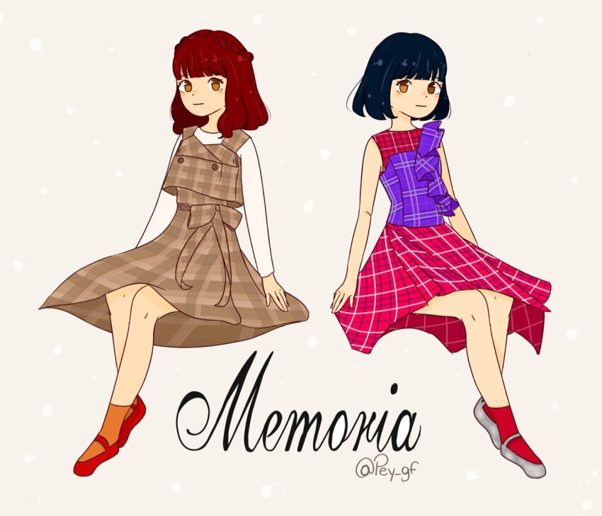 2girls black_hair bob_cut braid brown_dress chibi closed_mouth dress eunha_(gfriend) full_body gfriend invisible_chair k-pop long_sleeves looking_at_viewer medium_hair multiple_girls orange_socks pey_gf real_life red_hair red_socks simple_background sitting sleeveless smile socks song_name twitter_username yuju_(gfriend)