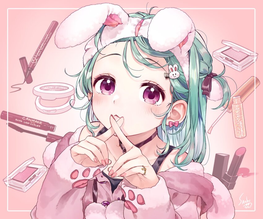 1girl animal_ears artist_name black_choker choker closed_mouth cosmetics fake_animal_ears green_hair hair_ornament hair_ribbon hairband hands_up highres index_finger_raised indie_virtual_youtuber jacket jewelry long_sleeves looking_at_viewer nail_polish pink_jacket pink_nails pom_pom_(clothes) purple_eyes rabbit_ears rabbit_hair_ornament ribbon ring saeki_yahiro saekiyahiro short_hair signature sleeves_past_wrists solo upper_body virtual_youtuber