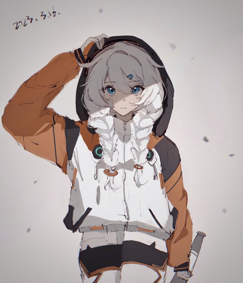 1girl 2023 ahoge baseball_bat black_hoodie blue_eyes braid chinese_commentary ezsesp formal_clothes gloves hair_between_eyes highres holding holding_baseball_bat holding_hoodie honkai_(series) honkai_impact_3rd hood hoodie jacket kiana_kaslana kiana_kaslana_(white_comet) long_sleeves looking_at_viewer official_alternate_costume orange_sleeves parted_lips pocket simple_background solo standing suit upper_body white_background white_hair white_suit zipper