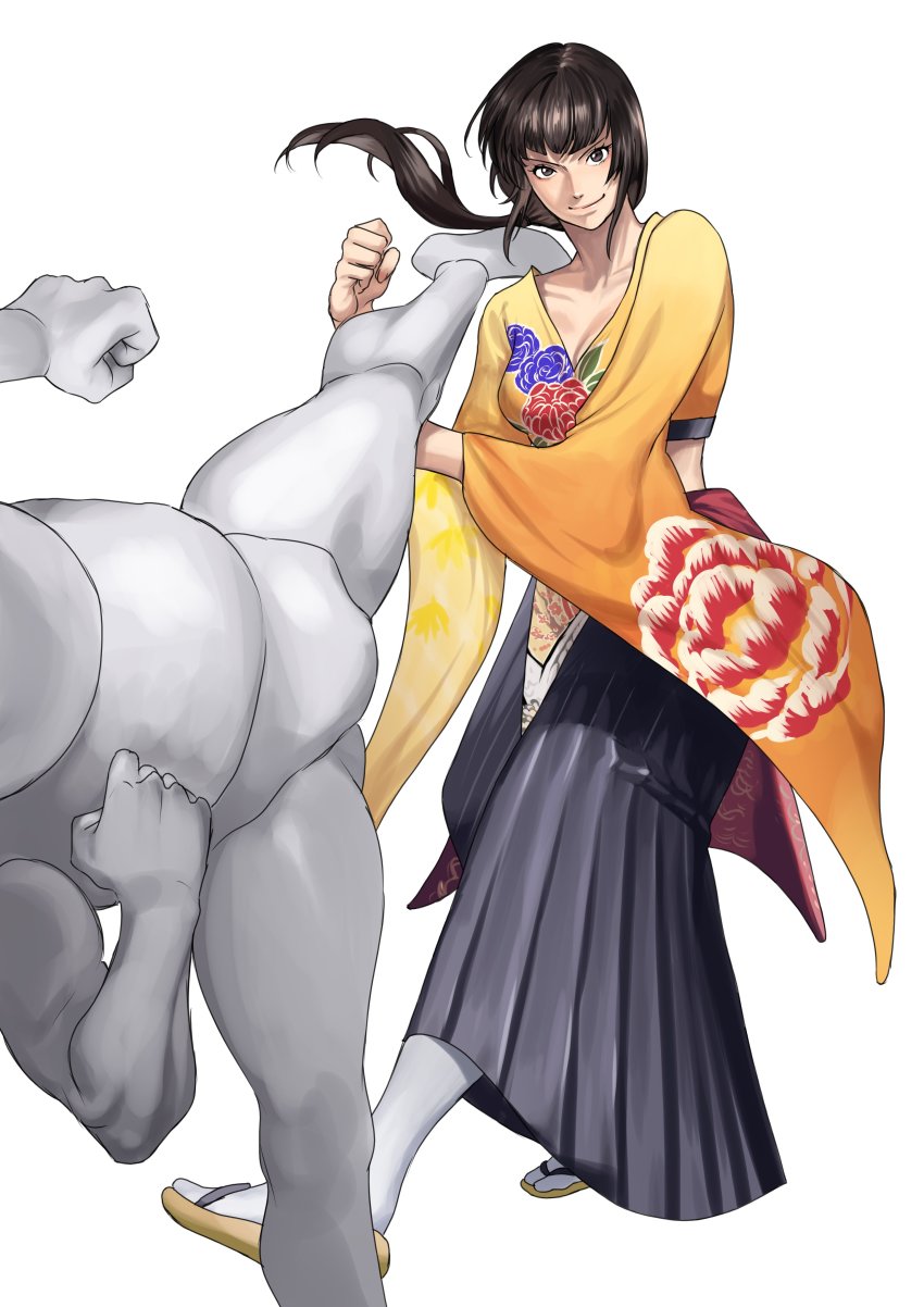 1girl 1other absurdres black_hair blocking breasts brown_eyes cleavage clenched_hand commission crop_top faceless floral_print full_body hakama hakama_skirt hanny_(uirusu_chan) high_kick highres japanese_clothes kicking long_hair low_ponytail medium_breasts metal_skin midriff ponytail sandals sega skirt smile solo_focus tabi umenokouji_aoi v-neck virtua_fighter virtua_fighter_5 white_background wide_sleeves