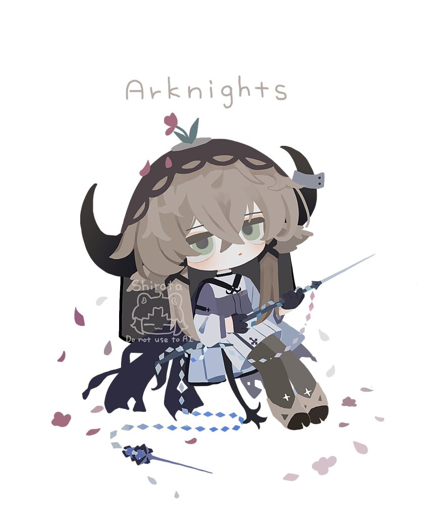 1girl arknights black_gloves black_veil brown_hair brown_pantyhose chibi commentary copyright_name flower flower_on_head gloves green_eyes highres holding holding_whip horns long_hair looking_at_viewer pallas_(arknights) pantyhose purple_shirt shirota_(petapeta84) shirt simple_background skirt solo veil watermark white_background white_skirt