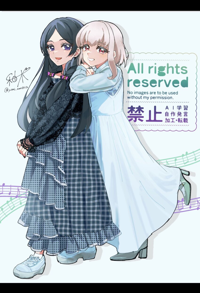 2girls black_dress black_hair blonde_hair blue_dress blunt_bangs bob_cut braid dress frilled_dress frills from_behind full_body gingham_dress hair_ornament hair_ribbon hair_tie hands_on_another&#039;s_shoulders high_heels highres hug hug_from_behind jewelry kimi_to_idol_precure lace lace-trimmed_dress lace-trimmed_sleeves lace_trim loafers long_hair long_skirt long_sleeves looking_at_viewer low_twin_braids medium_hair meroron_(human_form) multiple_girls musical_note musical_note_background necklace open_mouth parted_bangs precure purirun_(human_form) purple_eyes red_eyes ribbon shoes sideways_glance signature skirt standing twin_braids twitter_username very_long_hair watermark yumi_san0112